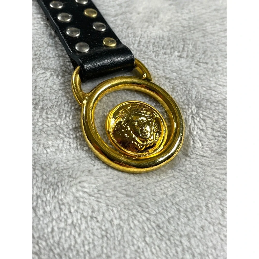 Vintage Gianni Versace Medusa Keychain Black Gold Leather Studded With Box Tag